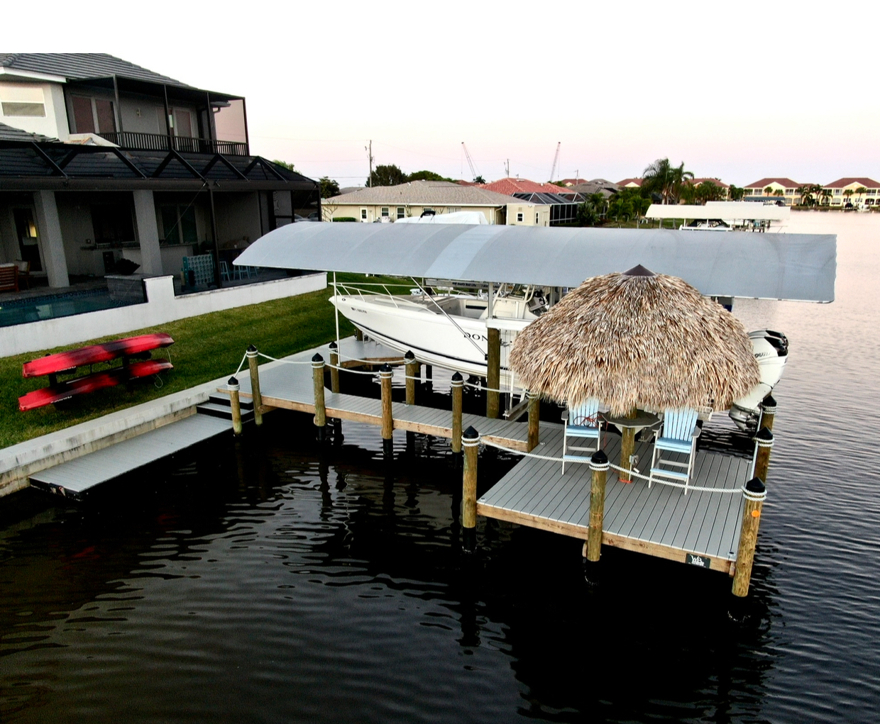 Custom Dock with Boat lift and Tiki Hut