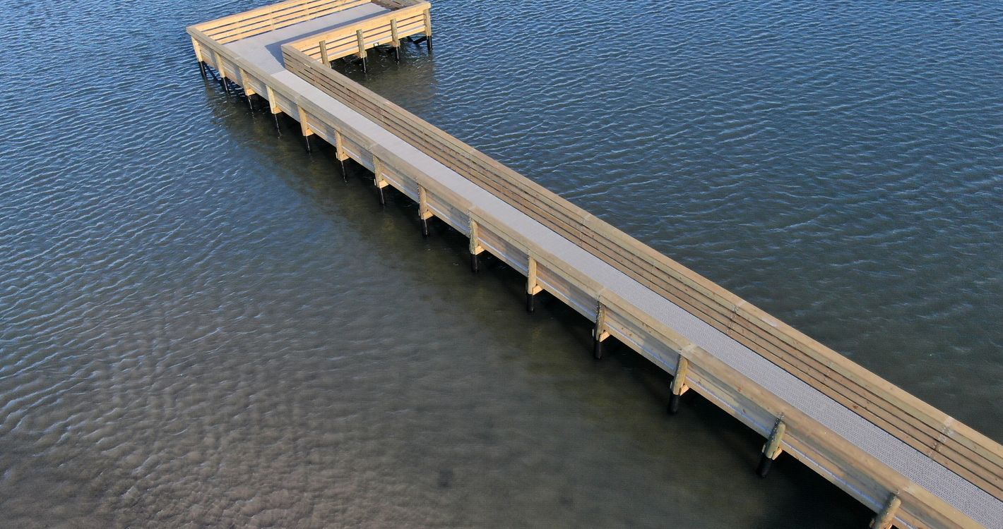 Aerial view of the new Veterans Memorial Park fishing pier on the Indian River in Edgewater, FL