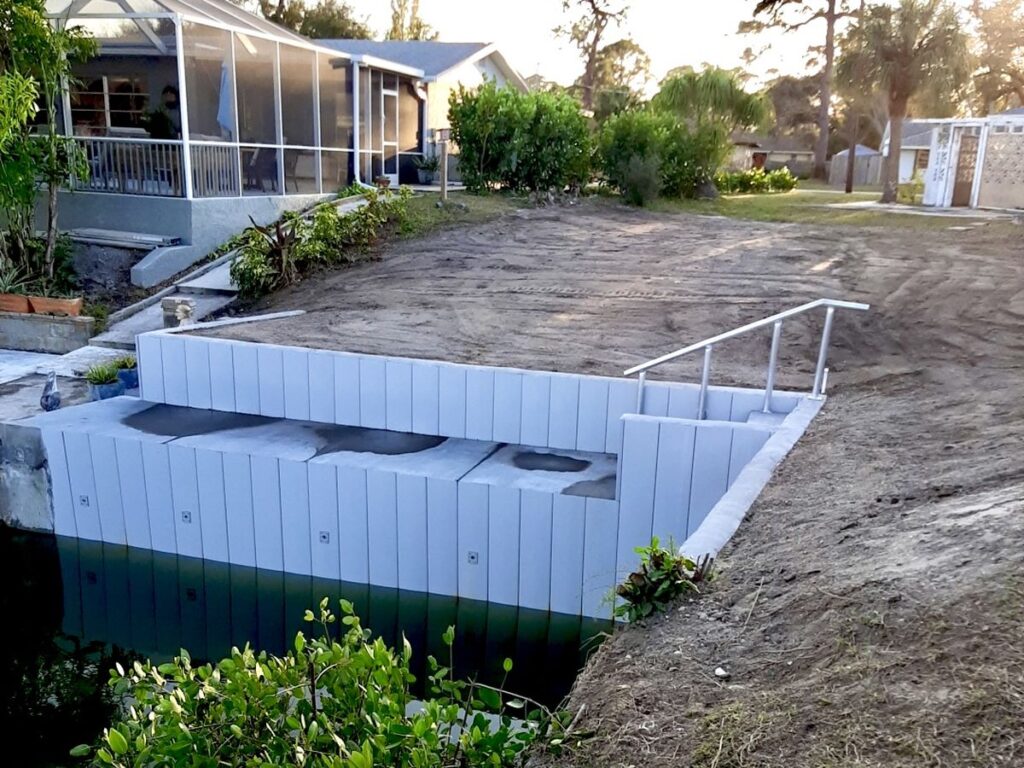 Concrete stairs and deck under construction at the new Englewood seawall