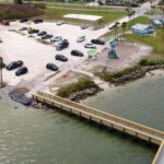 Aerial view of Menard-May Park and its new L-shaped fishing pier in Edgewater, FL