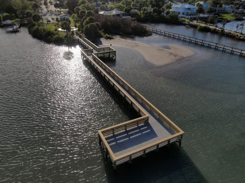 Finished Veterans Memorial Park pier stretching into the Indian River in Edgewater, FL