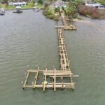 Drone view of the pier walkway and end platform framing at Veterans Memorial Park
