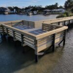 Railings and grated decking on the end platform of the Veterans Memorial Park pier