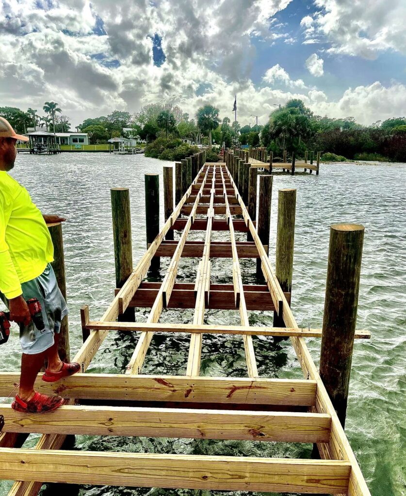 New timber framing and pilings during the Veterans Memorial Park pier replacement in Edgewater